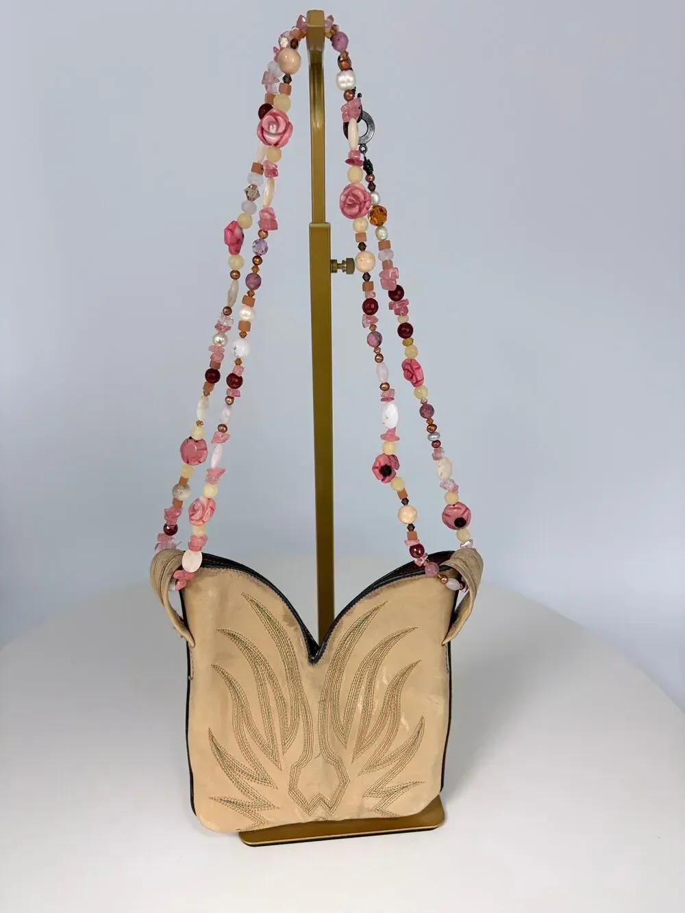 Handmade Cowboy Boot Purse with Stones as handle